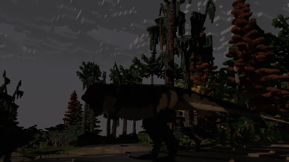 A Tyrannosaurus passes the crouching crew in the fog.