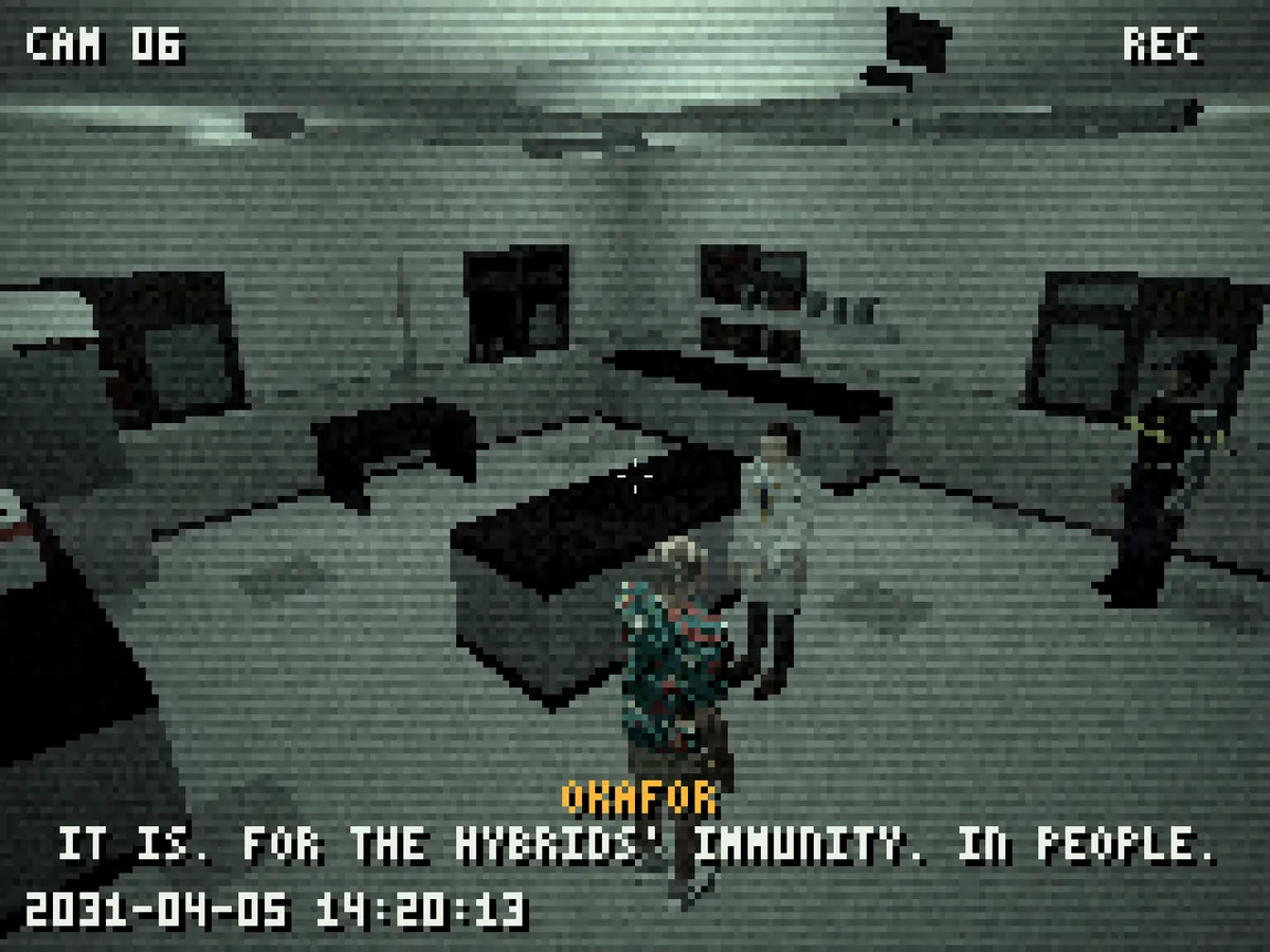 Grainy CCTV footage of a research lab, timestamped April 2031, playing on a terminal.