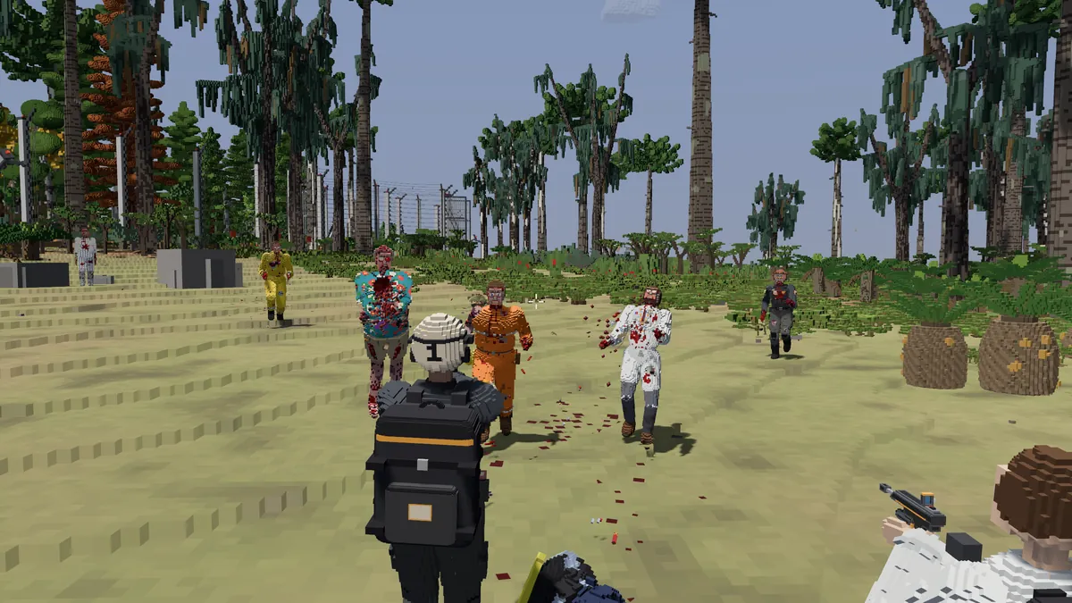 First-person view: a crewmate and a rescued survivor fight turned staff on open ground.