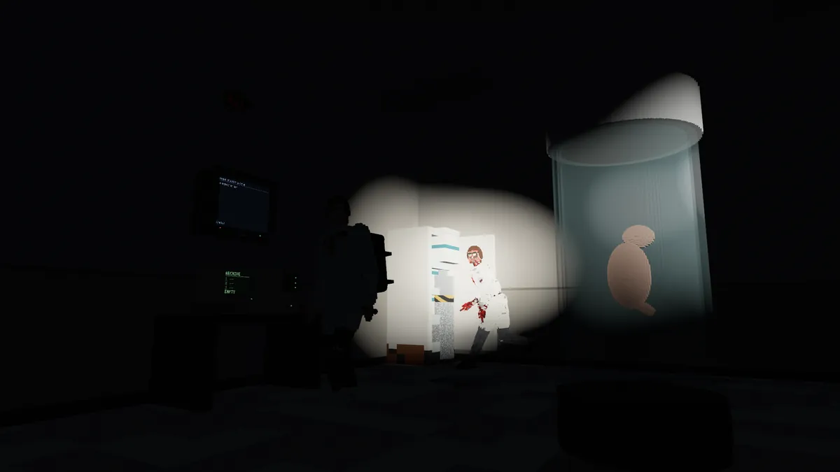 Torchlight in a dark facility lab: a turned lab hand by a specimen jar.