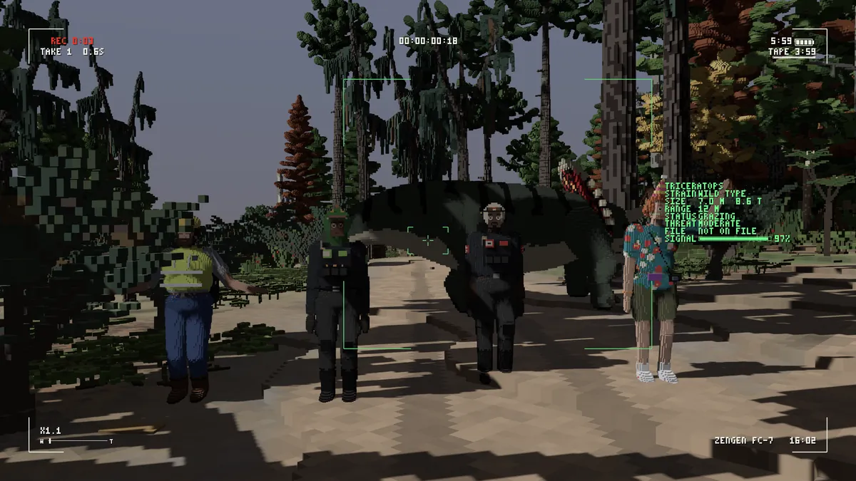 Through the field camera: five crewmates in hi-vis, a lab coat and a loud shirt pose in front of a Triceratops.