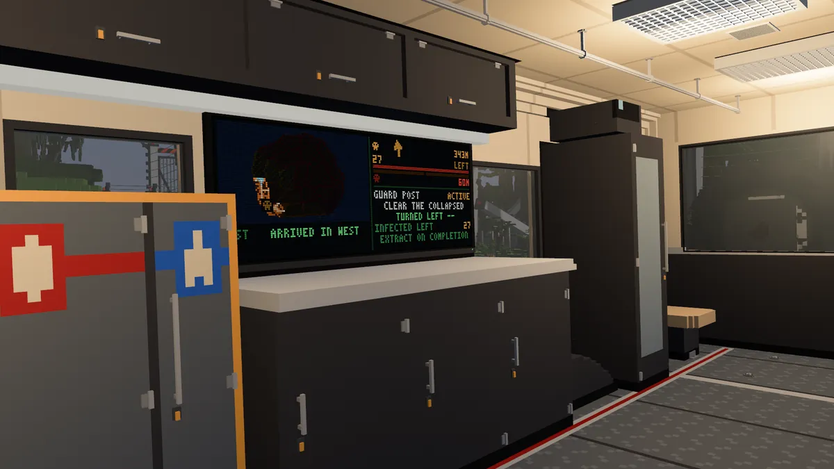 Inside the rig: the LED mission board over the lockers by the jump seats, a Clear job on it, the cold store aft.