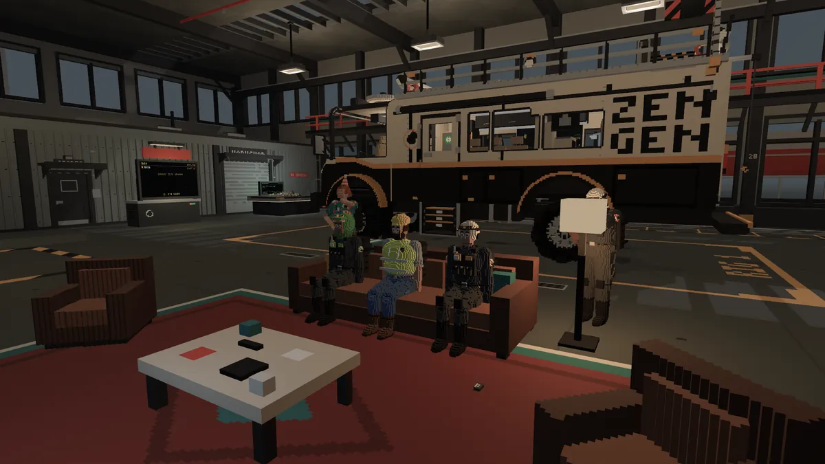 Between jobs: the crew on a sofa in the support ship's hangar, the rig parked behind them.